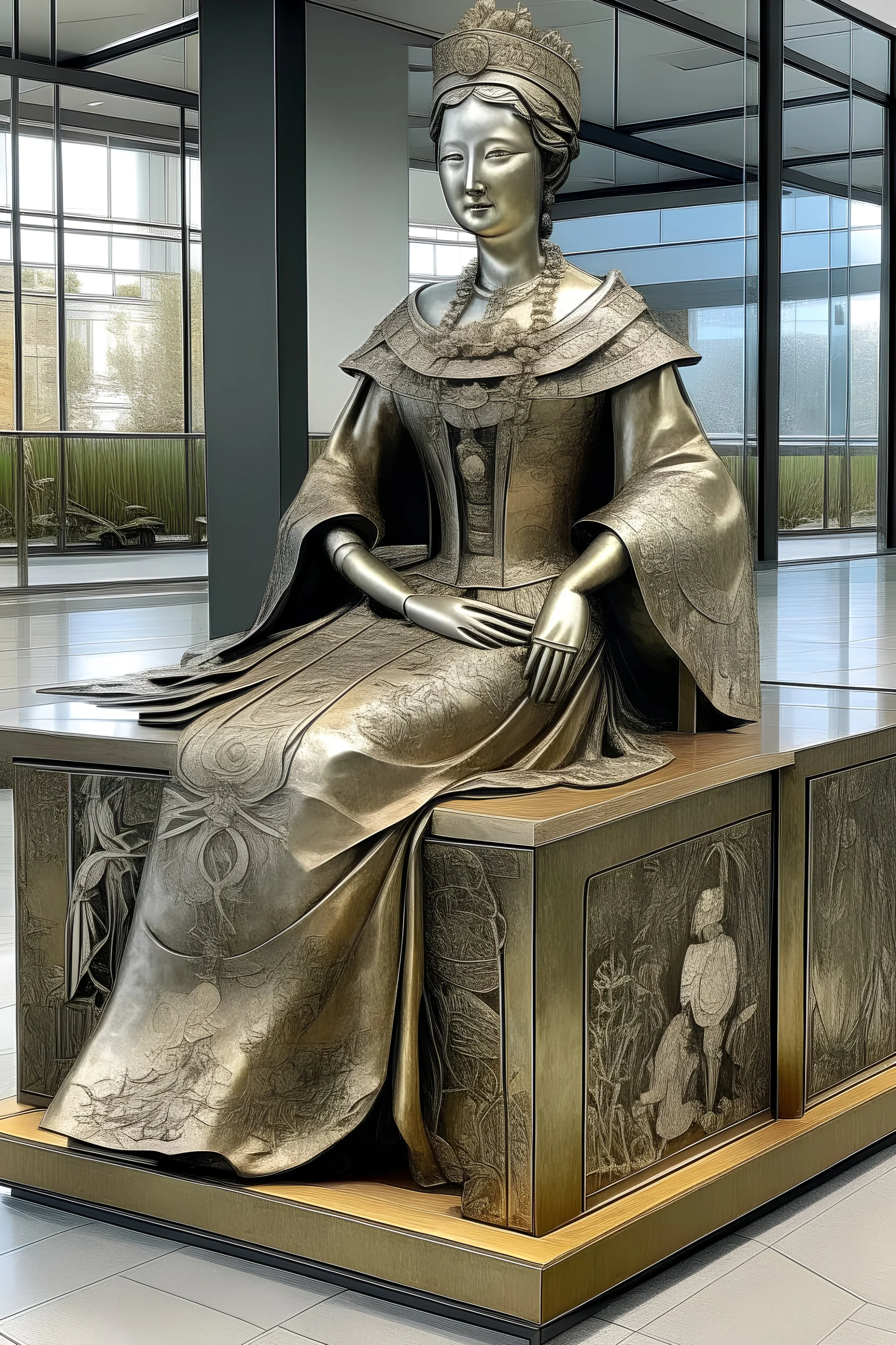 Huge Tin sculpture of a woman with an imperial dress cut on a tin cube