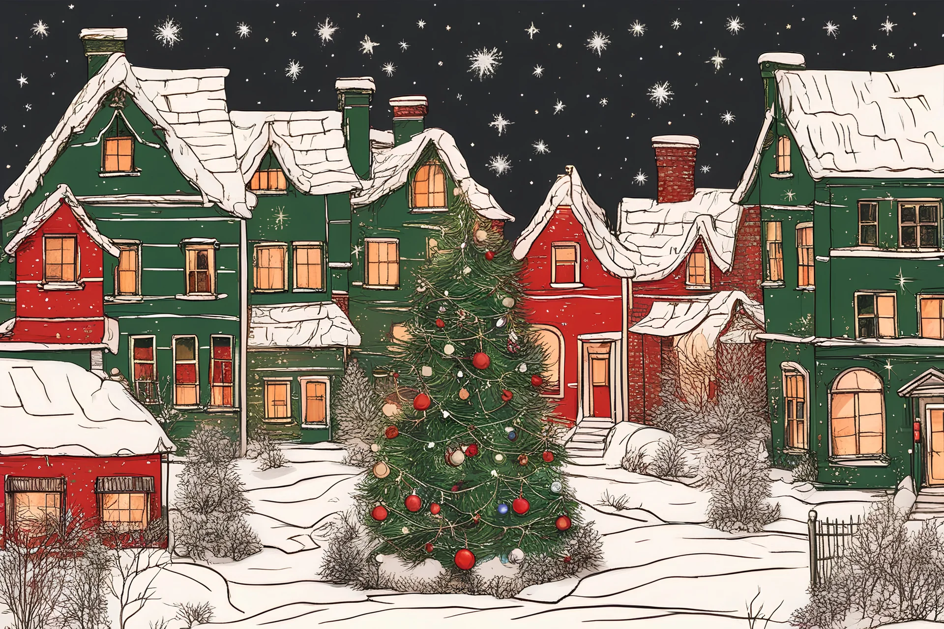 christmas enviroment, dark colours, green, red, white, houses and snow, starry night, scetch style, many details, many christmas lights