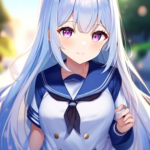 Clear focus,High resolution, light blue long hair, Purple eyes, Wearing a sailor uniform, blurry background