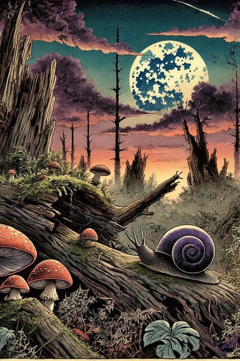 twilight scene in manga style illustration Modifiers: Albrecht Dürer junji ito Epic woodblock print rule of thirds Odilon Redon Otherworldly alcohol ink Tsutomu Nihei Mushrooms vivid color stippling void Hatching snail sharp contrast sharp edge Art by Leah Analog Horror the styles of ancient masters like Utagawa Hiroshige, Katsushika Hokusai and Togaku Old growth forest scene decaying log, moss, ferns, spiderwebs, beetles and caterpillars