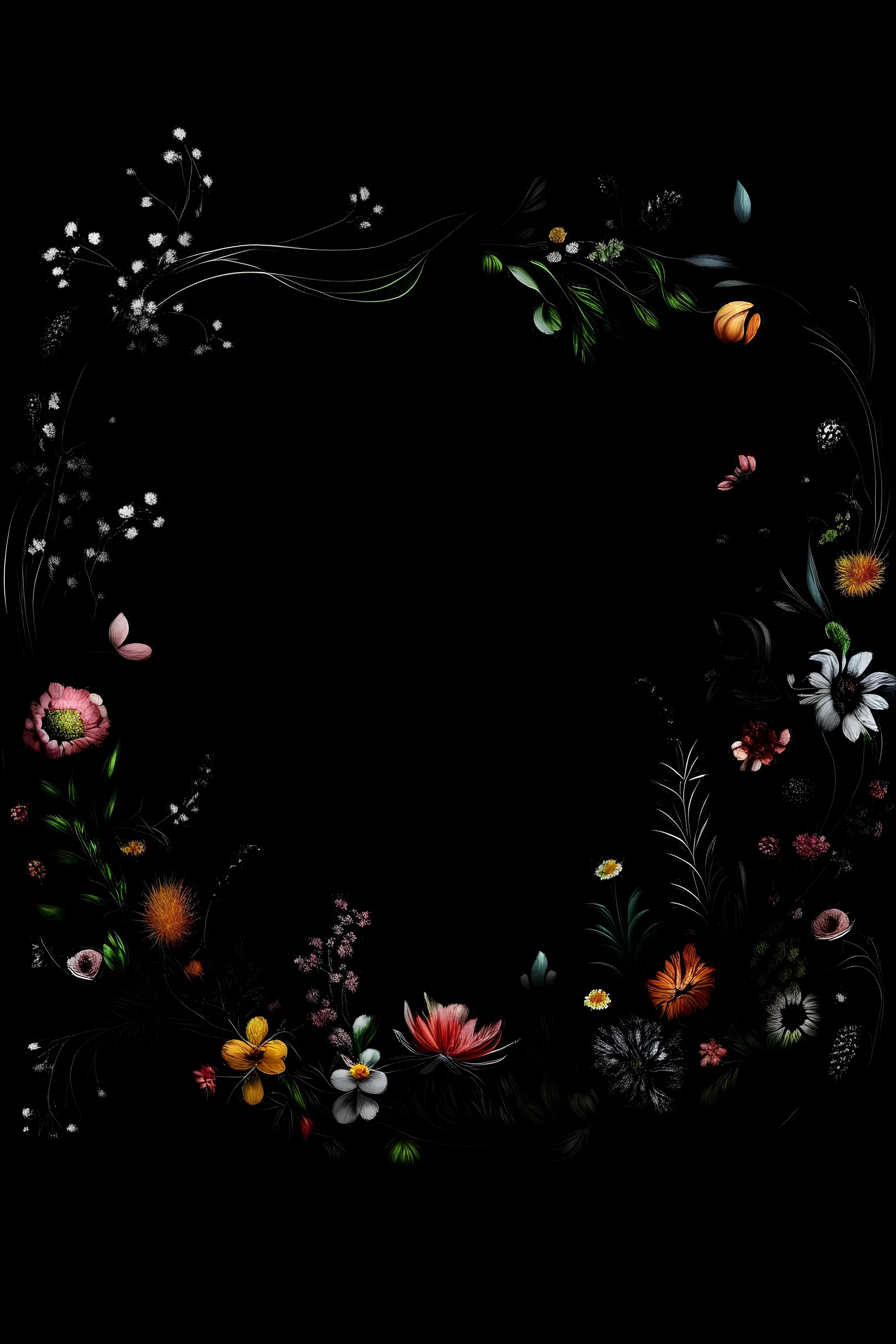 Black background decorated with flowers around the edges