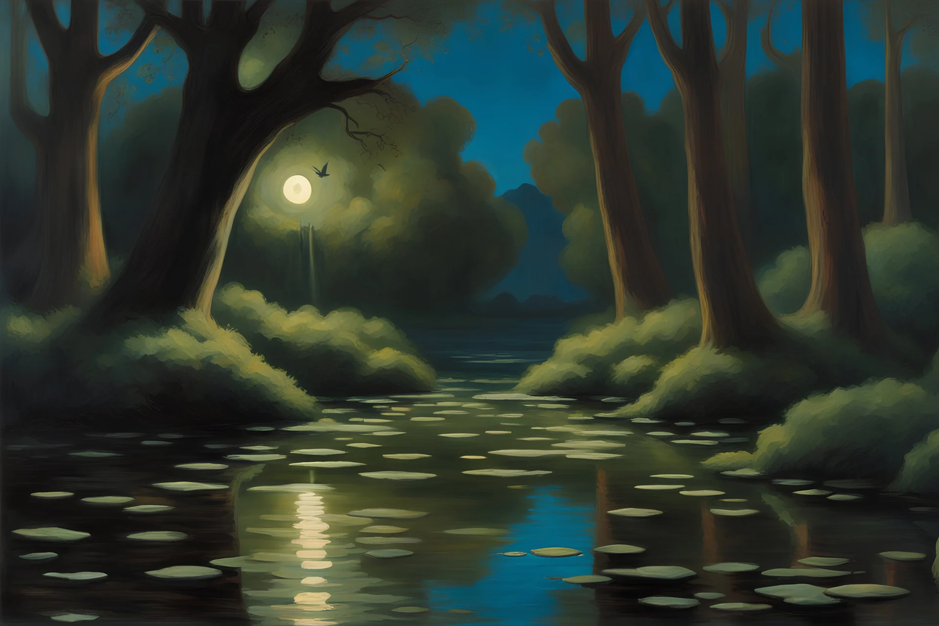 Night, rocks, trees, little puddle, mountains, beyond and trascendent influence, philosophic, 2000's sci-fi movies influence, claude monet and georges lemmen and alfred stevens impressionism paintings