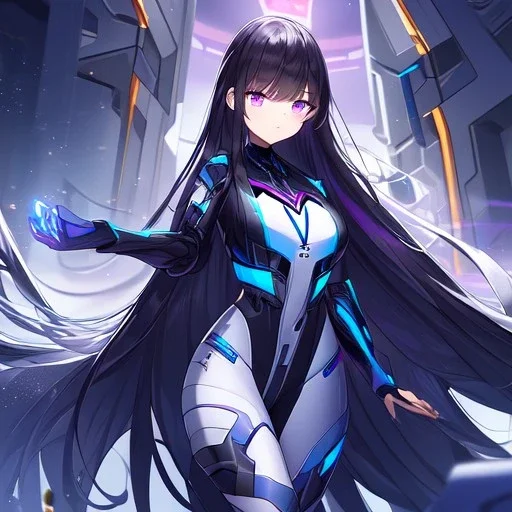 Clear focus,High resolution, Black long hair, Purple eyes, Wearing a Futuristic Popstar outfit