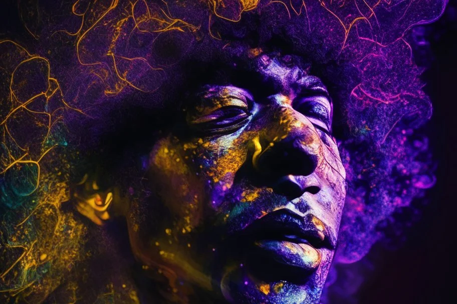 close-up Jimi Hendrix, kinetic lighting, dynamic light patterns, moving lights, immersive illumination, synchronized lighting, LED lighting, concert lighting, theatrical lighting, artistic lighting, dynamic lighting, light show, visual spectacle --ar 3:4 --niji 5