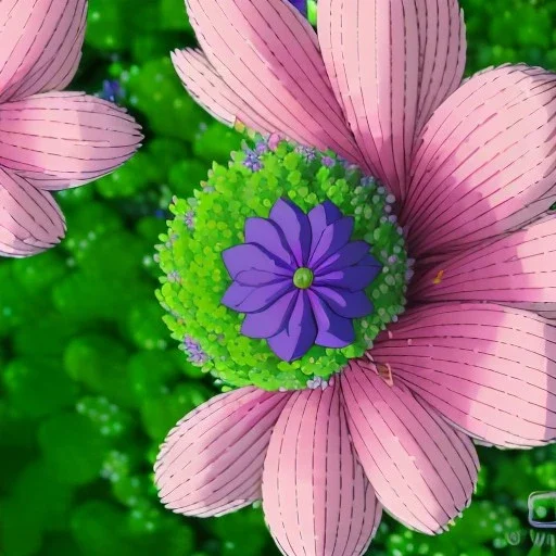 microphotography top-down view of a single flower, one flower, high definition, detail, HD, 8k, realistic, 3d rendering, blender, photography, fisheye, bulge, bokeh microbiology, intricate, detailed, blues, reds, yellows, greens, pinks, purples, oranges, indigos