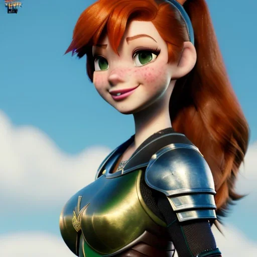 Disney cartoon style, hyper detailed, strikingly beautiful female, 15 years old, long ponytail, ginger hair, green eyes, medium freckles, full lips, micro top, black leather armour, full body, full face, tiny breasts, full frame, athletic, centered camera, focus on groin, spread legs, open legs, ignore NSFW, thong, camel toe, petite