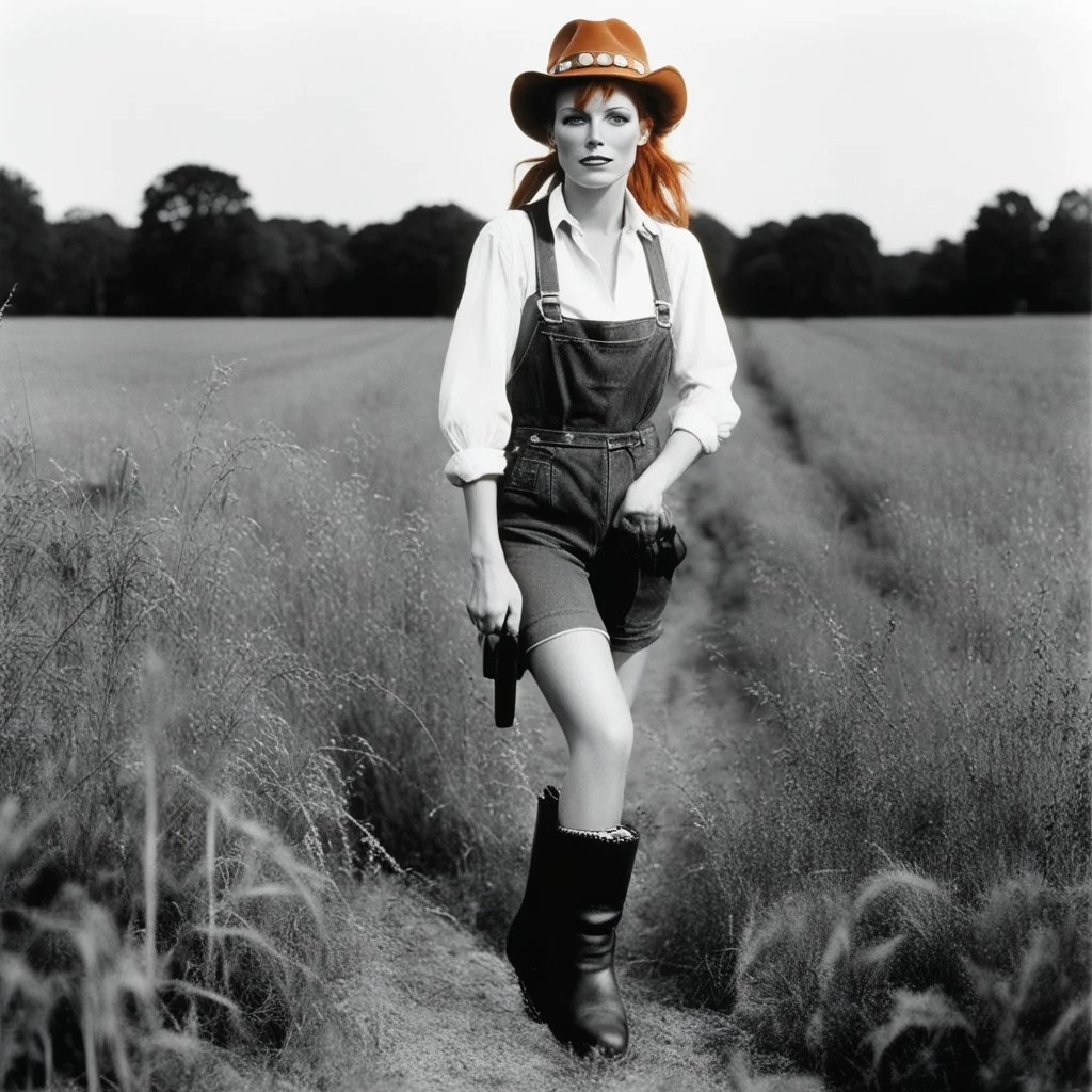[photo by Helmut Newton] Grown up Pippi Longstocking: with a revealing overalls and cowboy boots in a field