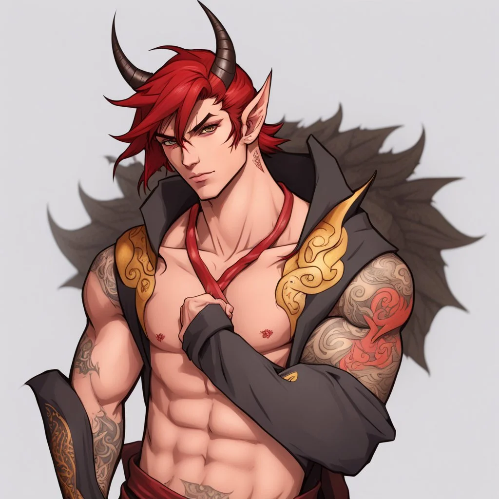 A Young Adult Male. A unique blend of Wood Elf and Red Tiefling features. His handsome face contrasts with the Yakuza dragon tattoos that completly cover his back, arms, and legs. He is wearing a torn coat. A physique that is strong and well-built, resembling a Fighter.