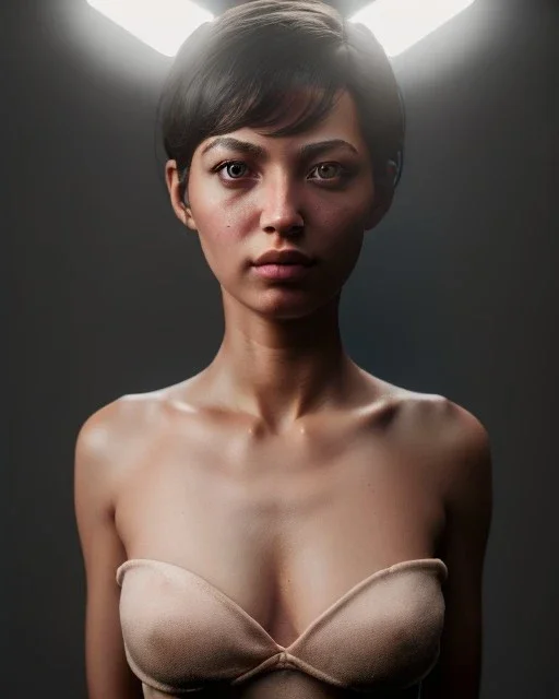 Realistic Waist up Portrait young woman, muppet skin, short hair style, photo studio, unreal engine 5, god lights, ray tracing, RTX, lumen lighting, ultra detail, volumetric lighting, 3d.