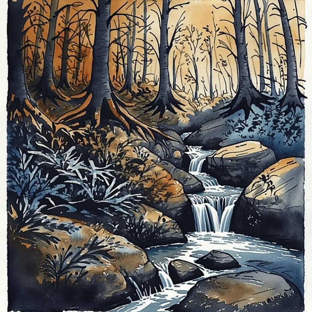 Perchance : Surreal, expressive nature sketch in a relaxed watercolor and ink style. Fast, shaky black ink contour lines with frequent breaks, intersections, and varying thickness. Watercolor washes of ochre, terracotta and powder blue are loosely applied, often deliberately misaligned with ink borders to create a sense of movement. Visible cold pressed paper texture and ample white space. Subject: forest detail, trees, undergrowth, stream with rocks, waterfall. Deep, atmospheric shadows in the