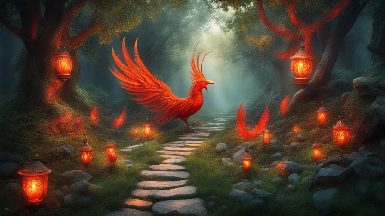 Slavic mythology enchanting garden with lush greenery and beautiful stone winding paths, with small lanterns in the trees. Depict only one creature: the Firebird. The body of the Firebird is adorned with feathers of vibrant red, orange, and gold, each one glowing with an otherworldly brilliance.