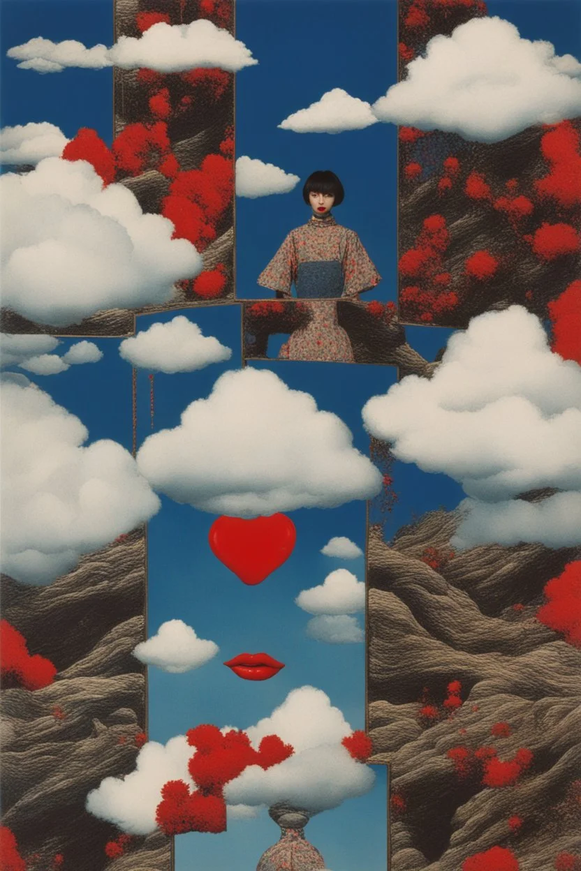 cloud in blue sky, a red lip, collage art, shuji terayama, dreamy objects, surreal, criterion collection, showa era, intricate details, mirror