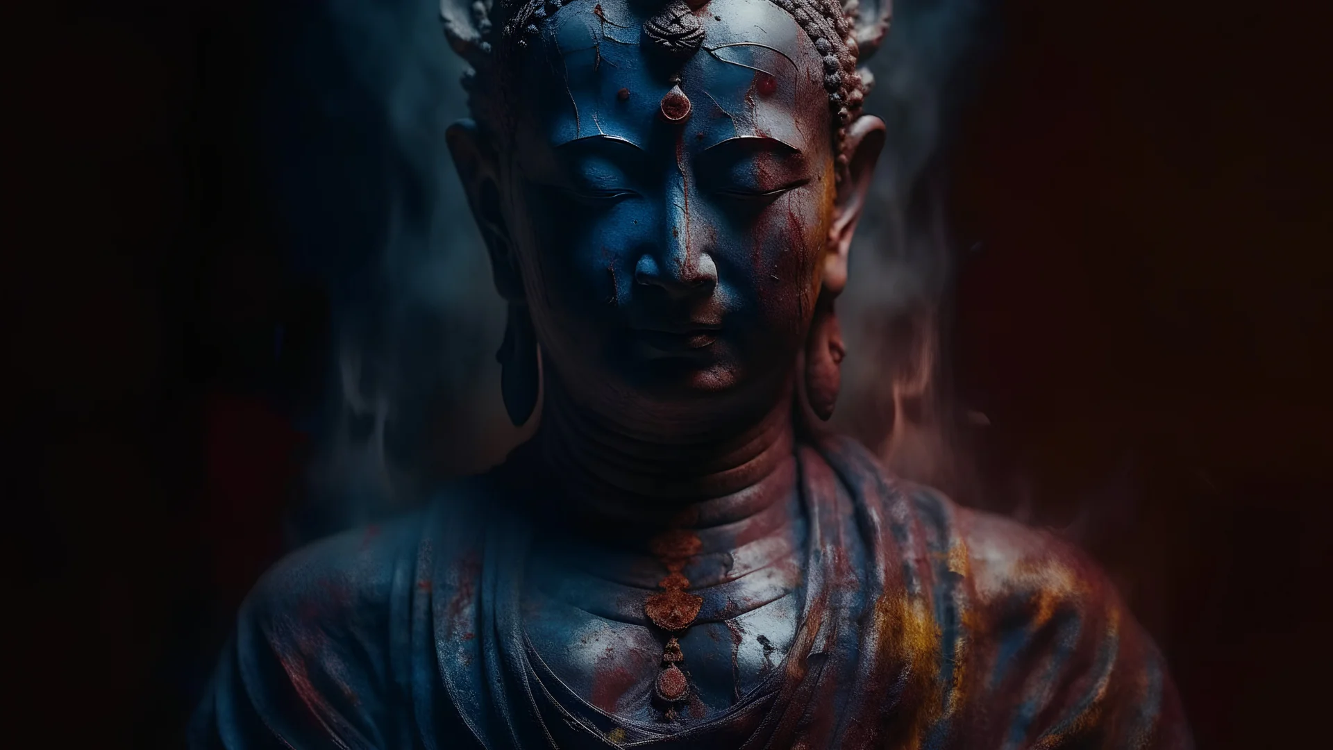 Buddha Turns Evil || horror, in the styles Agostino Arrivabene and Jason Barnett and Emek, mixed media, imperial colors, cinematic lighting, sharp focus, highest resolution