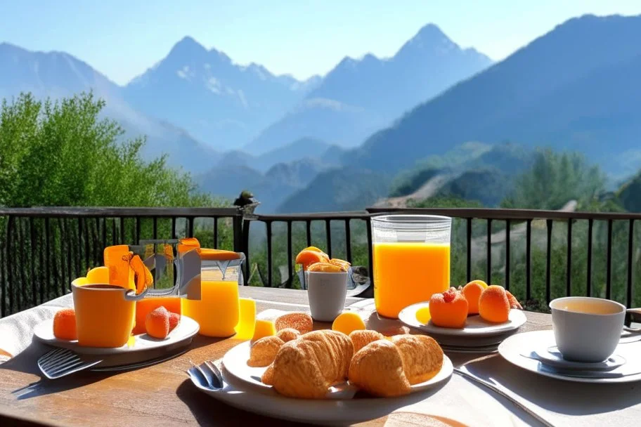 breakfast on a table on the terrace (orange juice, coffee in a cup, fruit, pastries), view of the mountains in the distance