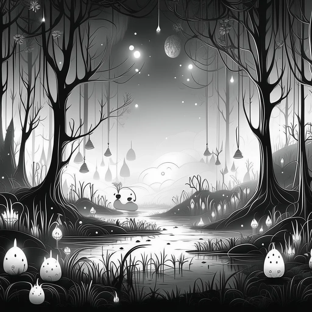 Make black and white cute drawing of a Will-o’-the-Wisp with black bold lines. Only outline, no grayscale. A group of glowing, floating lights in soft blues and greens, dancing over a foggy, enchanted swamp. Add a silhouette of a mysterious forest in the background to set the scene.