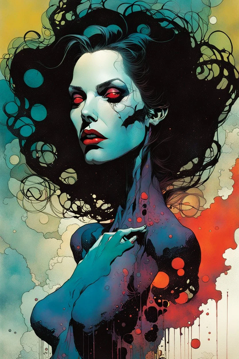 create a wildly abstract and chaotic full body illustration of an amorphous disembodied vampire woman with highly detailed facial features utilizing fluid organic shapes, in the comic book art style of Bill Sienkiewicz, Mike Mignola, and Jean Giraud Moebius, finely textured, drawn, colored, and inked