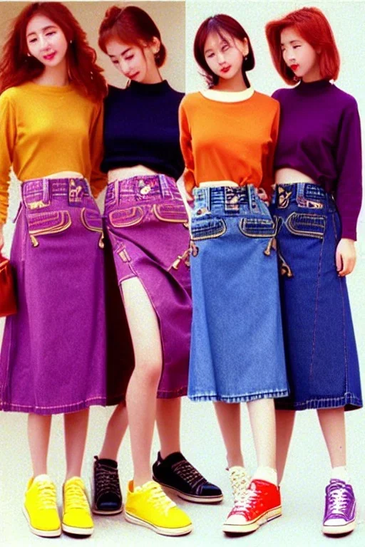 year 1996 denim fashion. Loose skirt, low waist. Colors: denim blue, blue, purple, khaki, light green, lilac, plum, orange, terracotta, red, light yellow, lion yellow, pink, dark blue, beige.