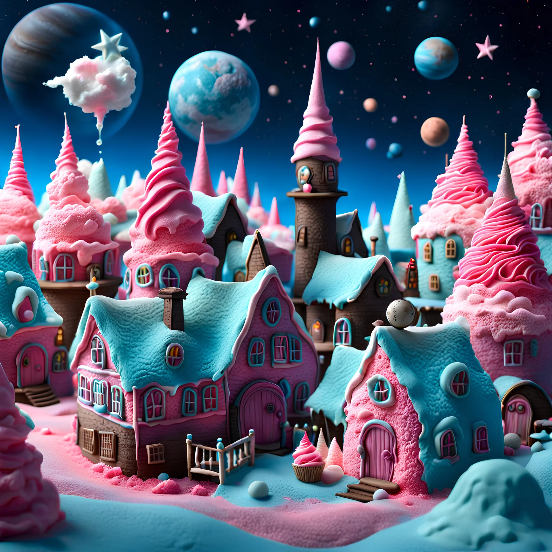 detailed creepy village made of cake frosting, cotton candy, ice cream, strong texture, extreme detail, octane render, stars and planets, Yves Tanguy, Max Ernst