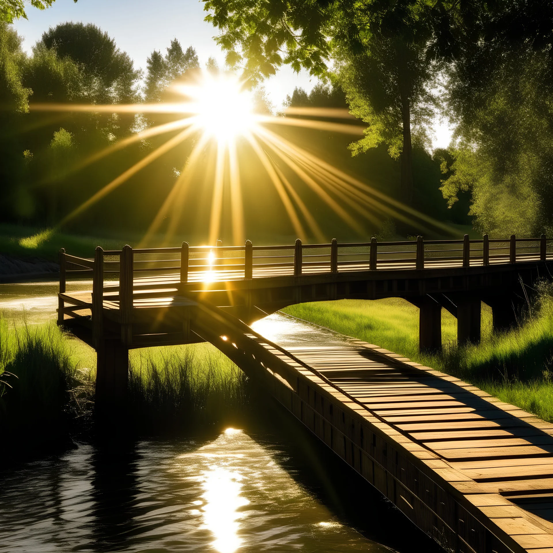 puente solitario con luz del sol y el sol reflejandose