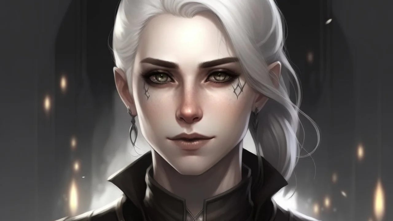 Foera's skin is light brown and her eyes are silver. She has white hair and wears it in a bun. She has a pointed chin and wears gothic eyeliner. Silver goldsmith background and environment