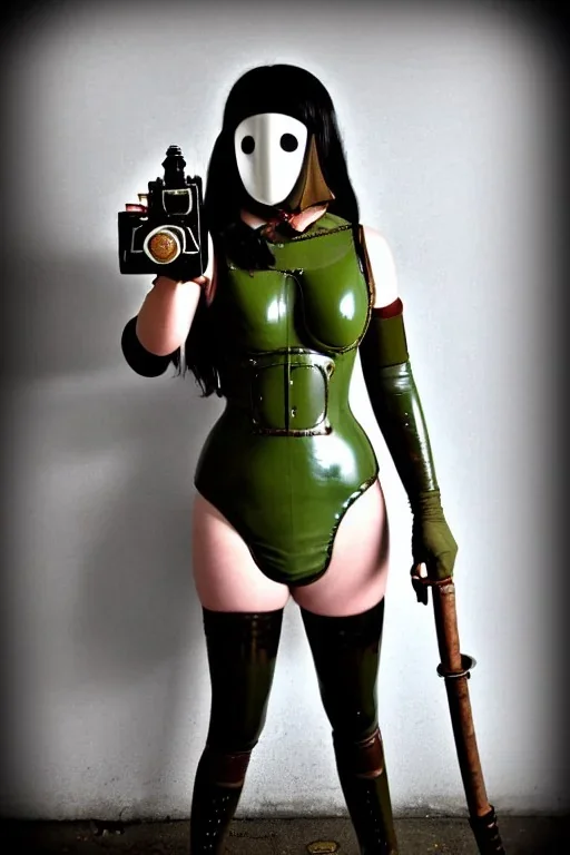 Steam-punk style random-mask. Large fencing mask covers cheeks. Trim girls. Reflective white plastic skin. Camera lenses as eyes. Head full of integrated old-fashioned cameras. Army green surfaces body, latex. Perfect body, thick thighs and calves. Asa Akira. SElfie with old-fashioned cameras in both hands. Wide hip, skirt bleats nicely. Camera at mons veneris. Partly symmetrical. Black wide leather belt with camera. Euclidean 3D-tiling walls. surrealistic atmospher