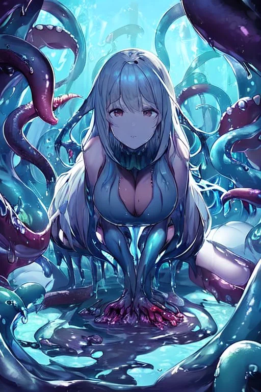 women with tentacles, leaning pose, Slime redtones,