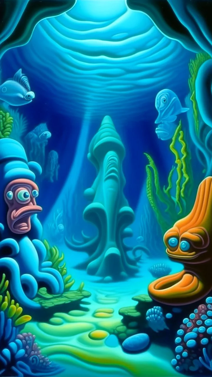 A blue underwater reef with a squid and Hawaiian tikis painted by Thomas Hart Benton