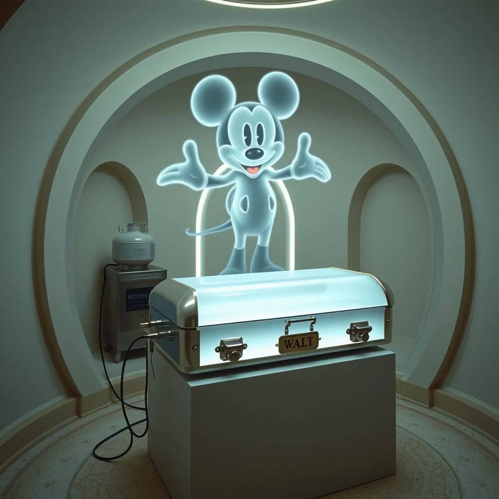 Background of a small circular atrium, an apparitional translucent ghost of an Iconic Disney mouse hovering over a metallic retro futuristic cryogenic frosted glass casket laying on a plinth in center of room, casket with a gold nameplate of "WALT" is plugged into a box like machine with a nitrogen tank on it which leaks frost and freezing vapors, sense of unsettling dread, grainy photography, eerie