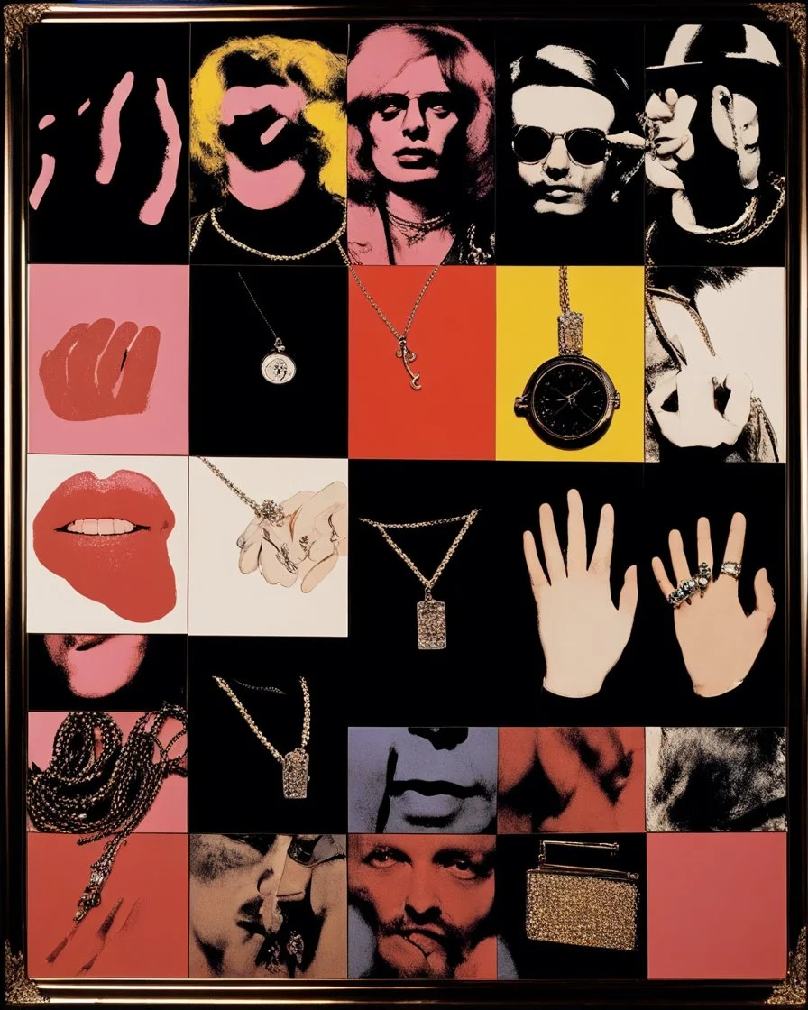 An album art cover in the style of Sticky Fingers by Andy Warhol, 1971 with jewelry, attractive, 4 fingers and a thumb, black background