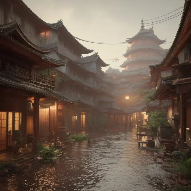 rainy asian village landscape