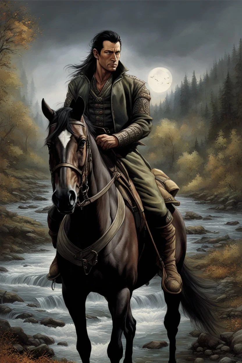 A 40 year old mercenary in a battle jacket and travelers cloth. He is riding a dark gray horse. He is tall, slim, has a sharply cut face. black hair, short ponytail on the top of his head. Perfect face. Perfect eyes. Perfect hands. Perfect feets. fantasy setting. A river ford in a wood. Style of Clive Barker