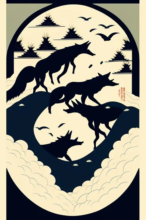  a group of wolves that are on top of each other, a poster by Nōami, ukiyo-e, anime aesthetic, minimalist.