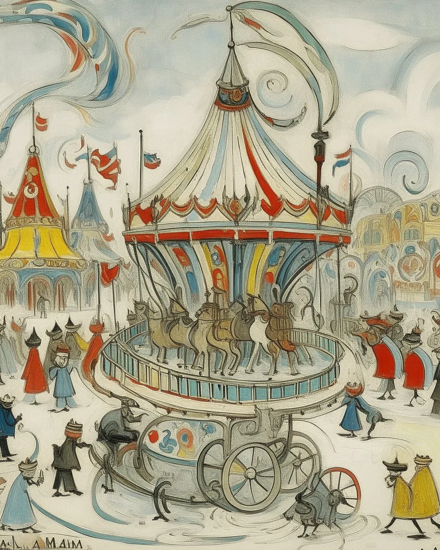 A light gray Russian like carnival with mechanical rides painted by Edvard Munch