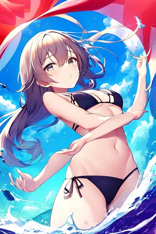 an anime waifu at the beach in a bikini back floating