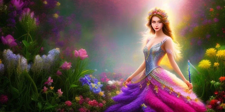 bright fairy, beautiful portrait, flowery landscape