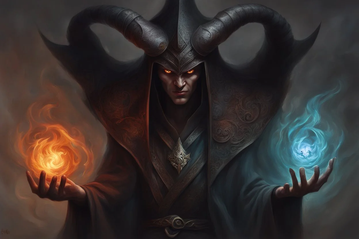 A dark sorcerer, magic spell, head of the demon, demon, devil, magical, mystical, photoshop painting, by Jason Chan.