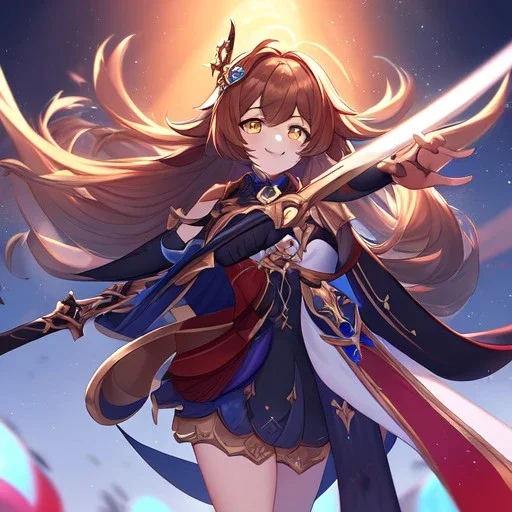 Clear focus,High resolution, Brown long straight hair, and yellow eyes, wearing a Genshin Impact Inspired outfit,Wearing a short skirt, Color pallete red orange black, dancing in the moonlight, Potrait, Smiling, Holding a sword