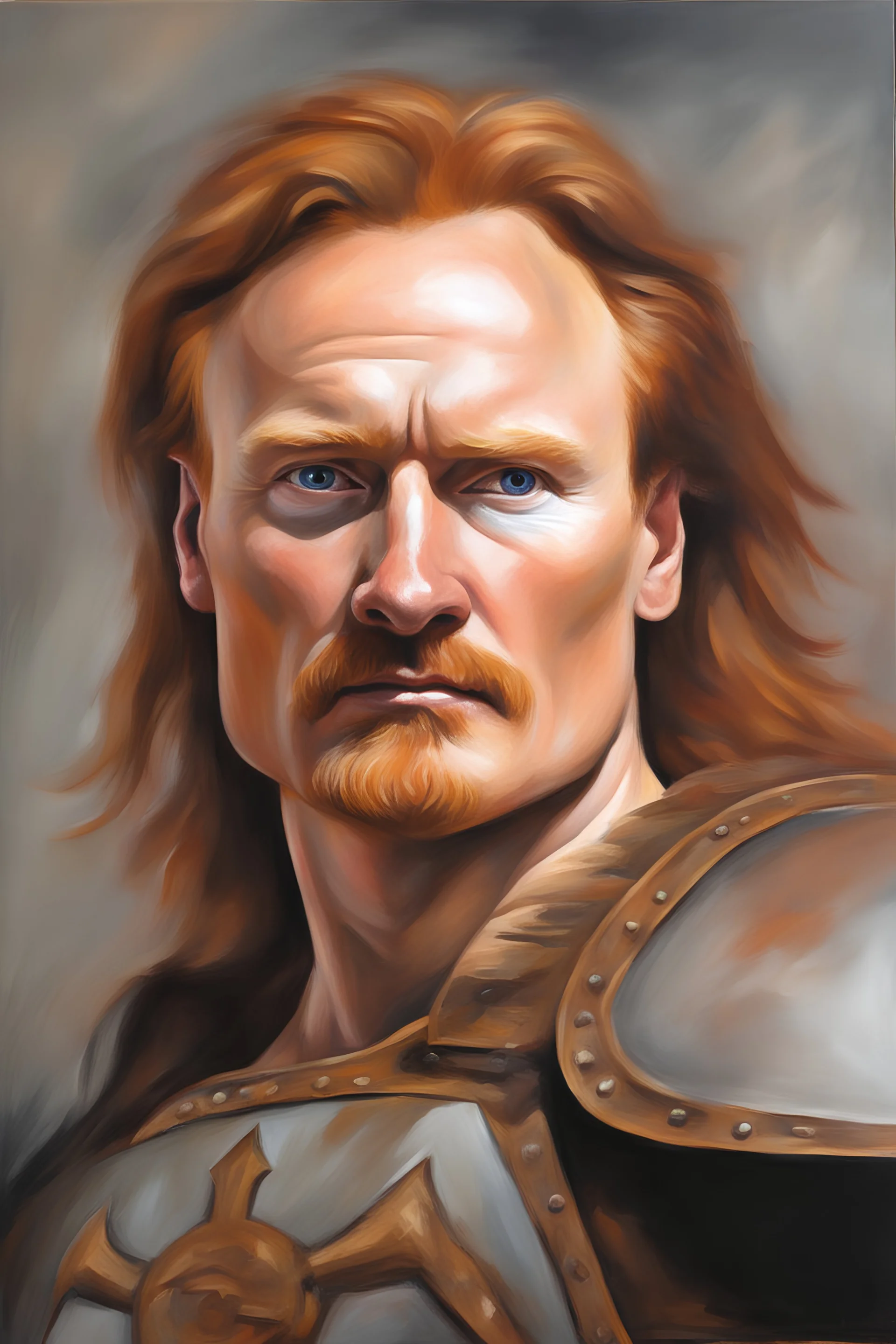 full color facial Portrait of action hero Conan O'brien the Barbarian - oil painting by Scott Kendall