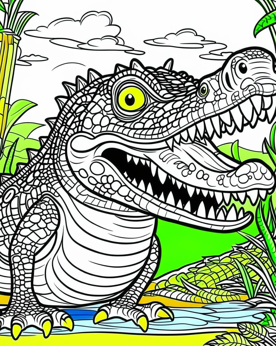 create a 2d black outline, "safari smiling cartoon crocodile coloring book for kids", coloring page, low details design, black contour, coloring page design, simple background, colorful , card style, coloring page for kids, white background, sketch style, safari landscape, cartoon style