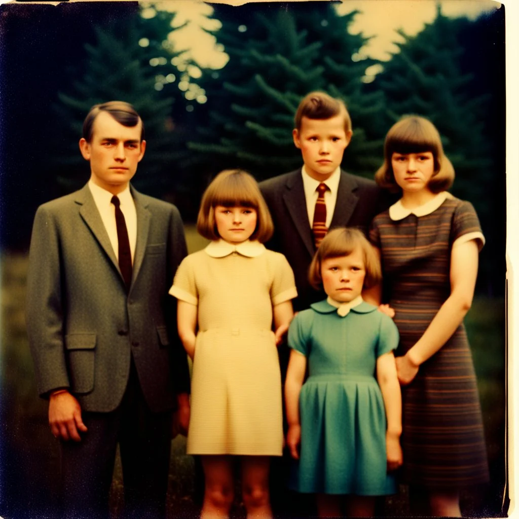 awkward family photo, all wearing the same type of clothes, 1960s, polaroid colors, scratches and dust on photo