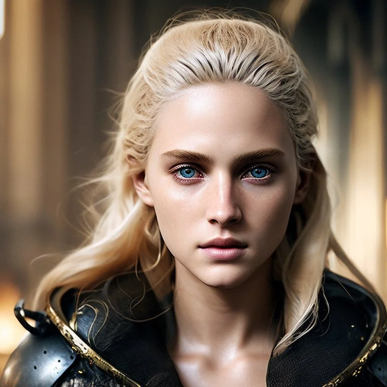 Photorealistic close-up of a beautiful blonde warrior with dystopian clothes and background