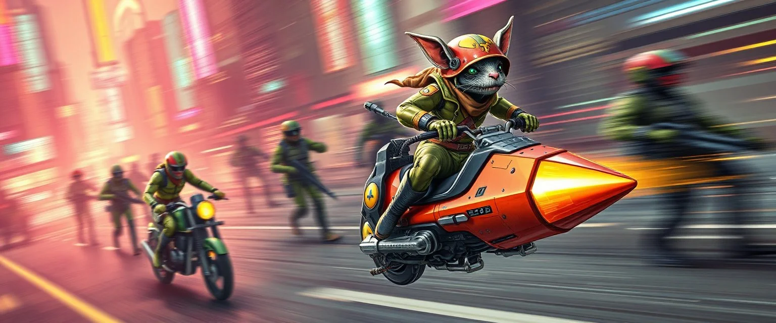 robotic ai pirate in the style of fallout 4 hi speed rocket ship on leaning scooter in a swing, coated rat gremlin captain in high speed pursuit among neon cyber soldiers, with background motion blur, airbrush and pen outline, in the style of Fallout 4 and Cyberpunk and GTA5