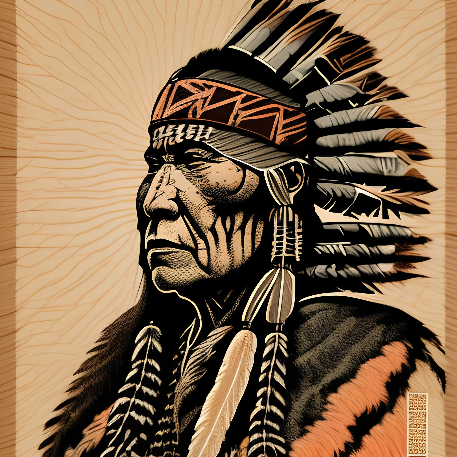A woodblock portrait of a native american