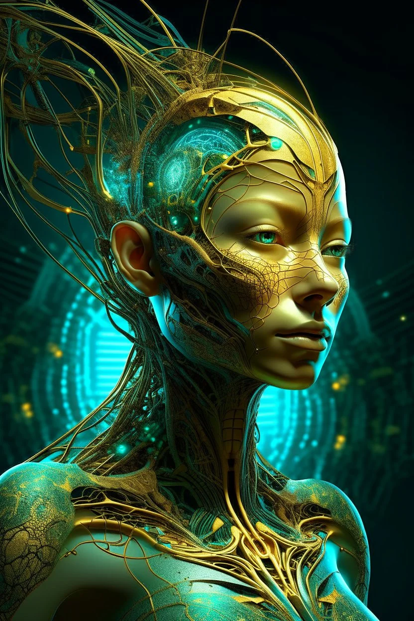 Create a surreal, futuristic portrait of a humanoid woman organic hair figure with a bright, skin surface. The figure’s head and upper body are partially disintegrated, revealing intricate, glowing, organic structures beneath the surface. The inner structures are illuminated with teal and golden hues, resembling bioluminescent veins or energy cores. The figure is in a contemplative pose, with one hand gently touching its chin. The background is minimal and abstract, allowing the focus to remain