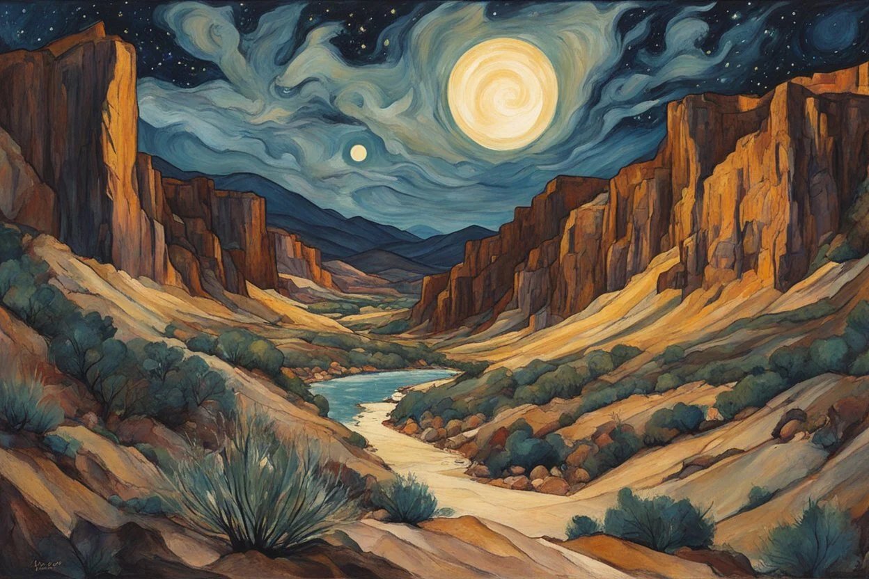 Painting of a mythical desert canyon paradise beneath a star strewn summer night sky, in the Expressionist style of Egon Schiele, Oskar Kokoschka, and Franz Marc, in muted natural colors