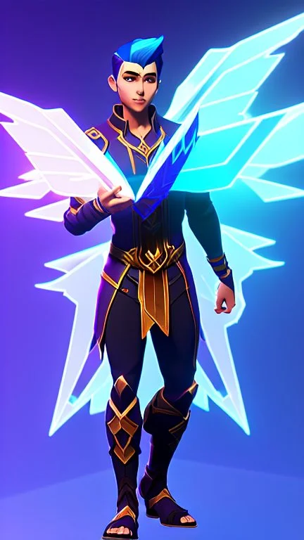 a human male with blue short hair and blue wings in assymetrical armor with geometric patterns and a book in hand, geometric wings