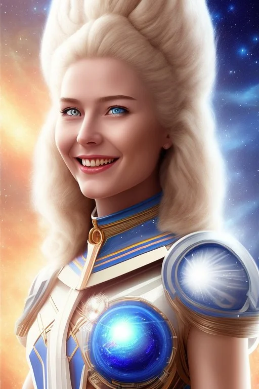 cosmic woman smile, admiral from the future, one fine whole face, crystalline skin, expressive blue eyes,rainbow, smiling lips, very nice smile, costume pleiadian, Beautiful tall woman pleiadian Galactic commander, ship, perfect datailed golden galactic suit, high rank, long blond hair, hand whit five perfect detailed finger, amazing big blue eyes, smilling mouth, high drfinition lips, cosmic happiness, bright colors, blue, pink, gold, jewels, realist, purple hairs