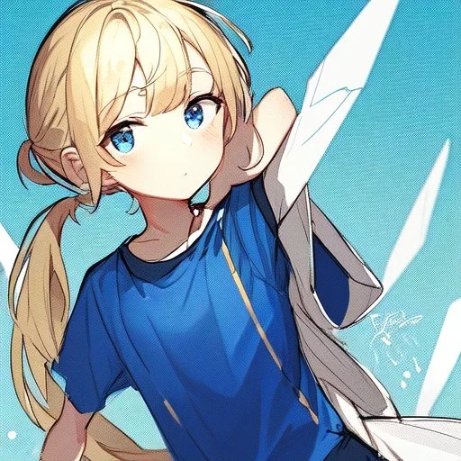 Clear focus, High resolution, rough line sketch art, cute, cartoon, dark blonde hair, two pieces of hair on the left side, parted nice, long locks, short ponytail behind head, blue eyes, teen, 1girl, (solo), wearing a blue shirt with a white sword on it