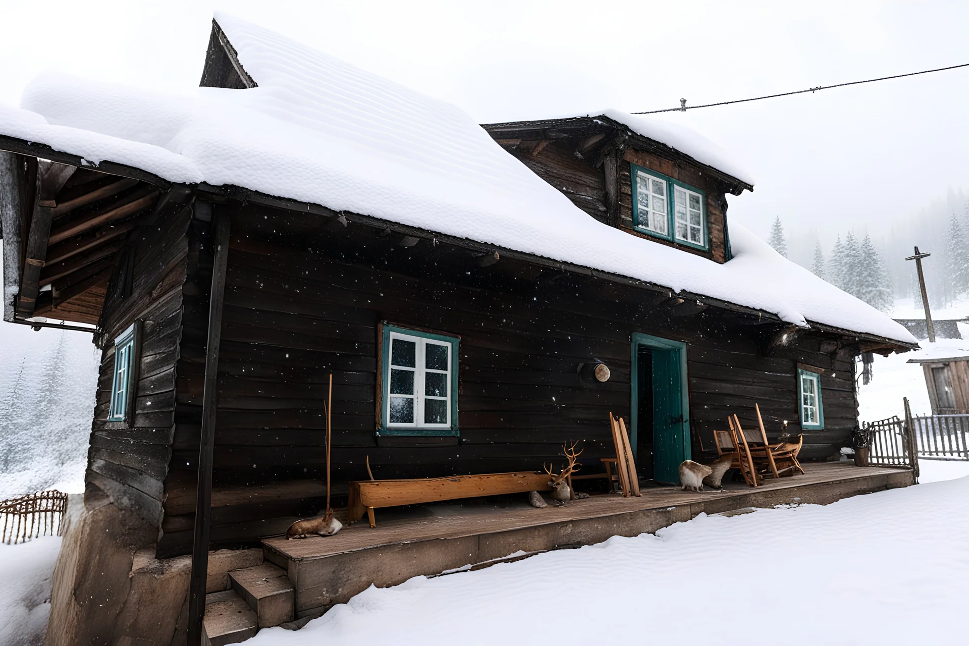 Snowy cabin in the mountains with a scary atmosphere and deers going around the cabin and in the snowstorm