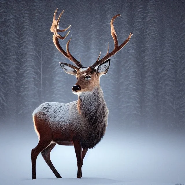 the most stunning, beautiful portrait of a stag in a winter landscape, high-quality, ultrafine-detail, flickering light, fog, 8k resolution, 3d octane render, digital art, detailed matte, close up, George Grie, Anne Dittman, Anne Stokes, Lisa Parker, Selina French